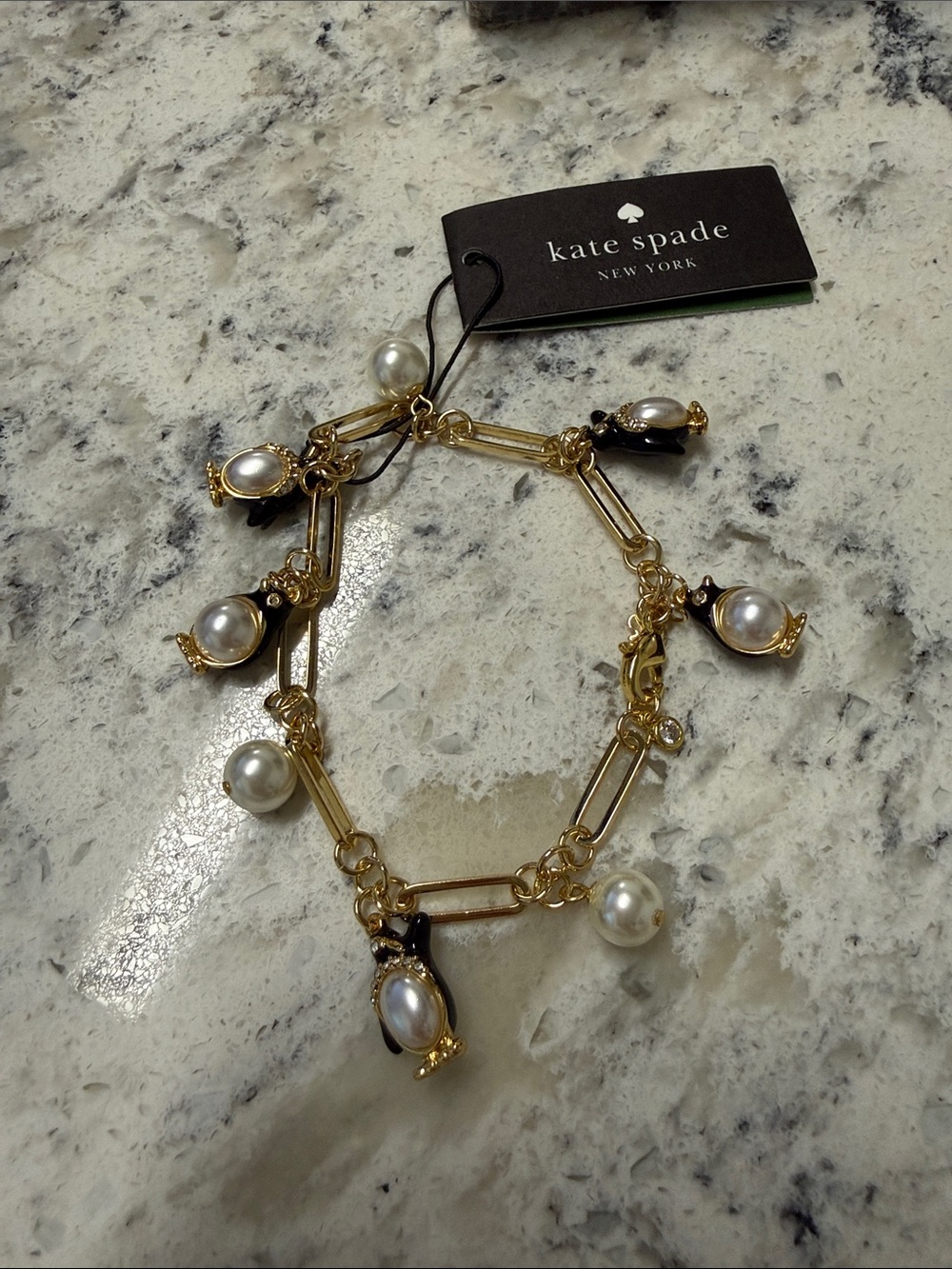 kate spade Gold-tone Penguin & Pearl Charm Bracelet in Gold, Black, White